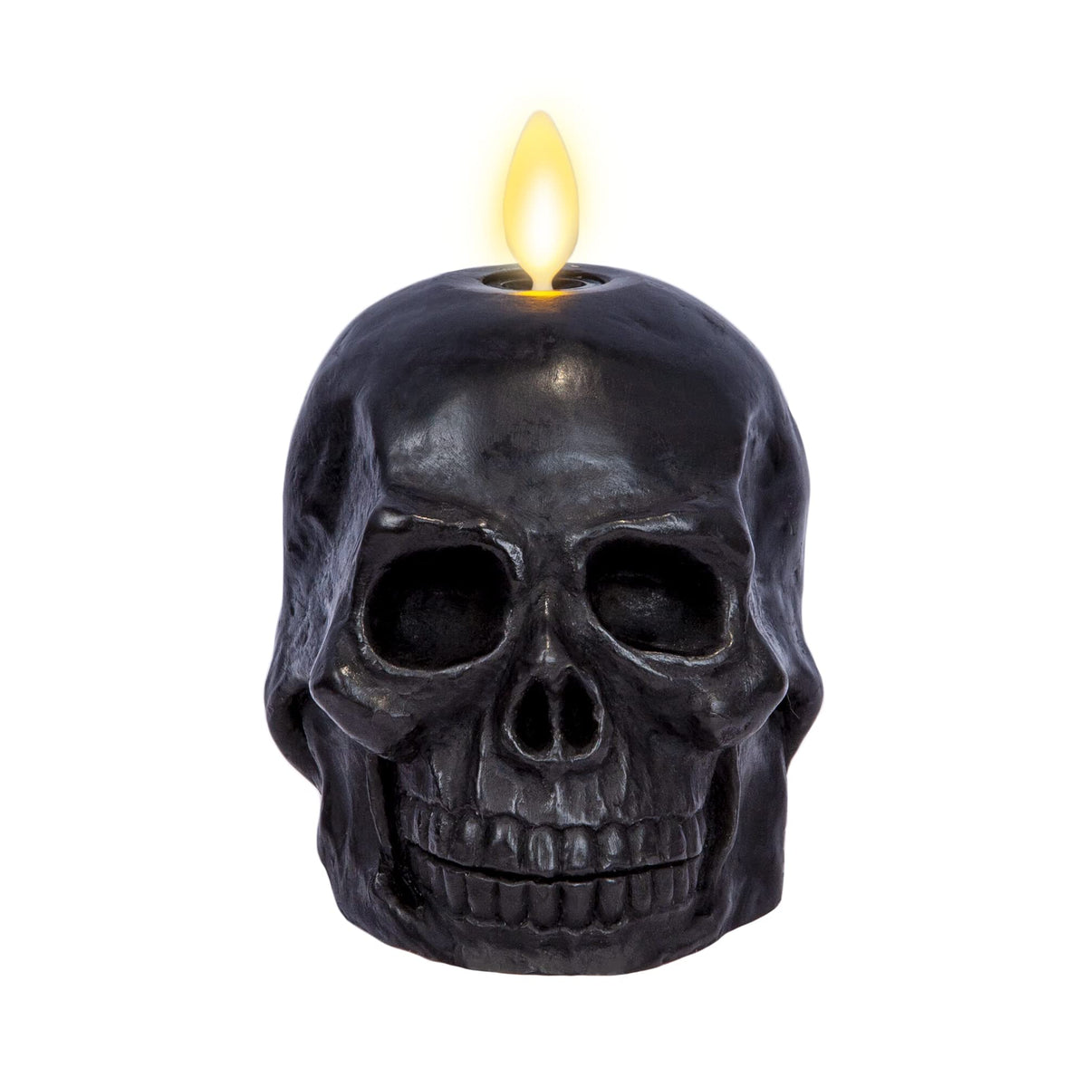 Luminara Flameless Single LED Moving Flame Small Skeleton Skull Figural (3.75 x 4.25) Real Wax LED Candle, Unscented, Timer - Bl