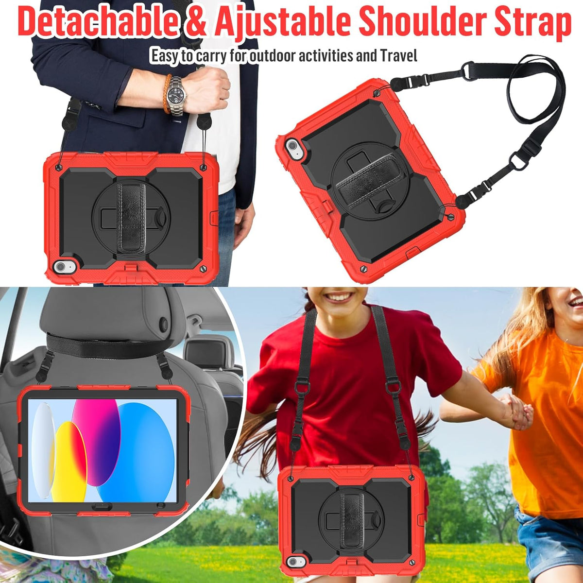 BLOSOMEET Case for iPad A16 11th/10th Generation 11''/10.9'' 2025/2022 with Tempered Glass Screen Protector & Pencil Holder, Rugged Military Grade Cover w/Stand Hand Shoulder Strap, Red