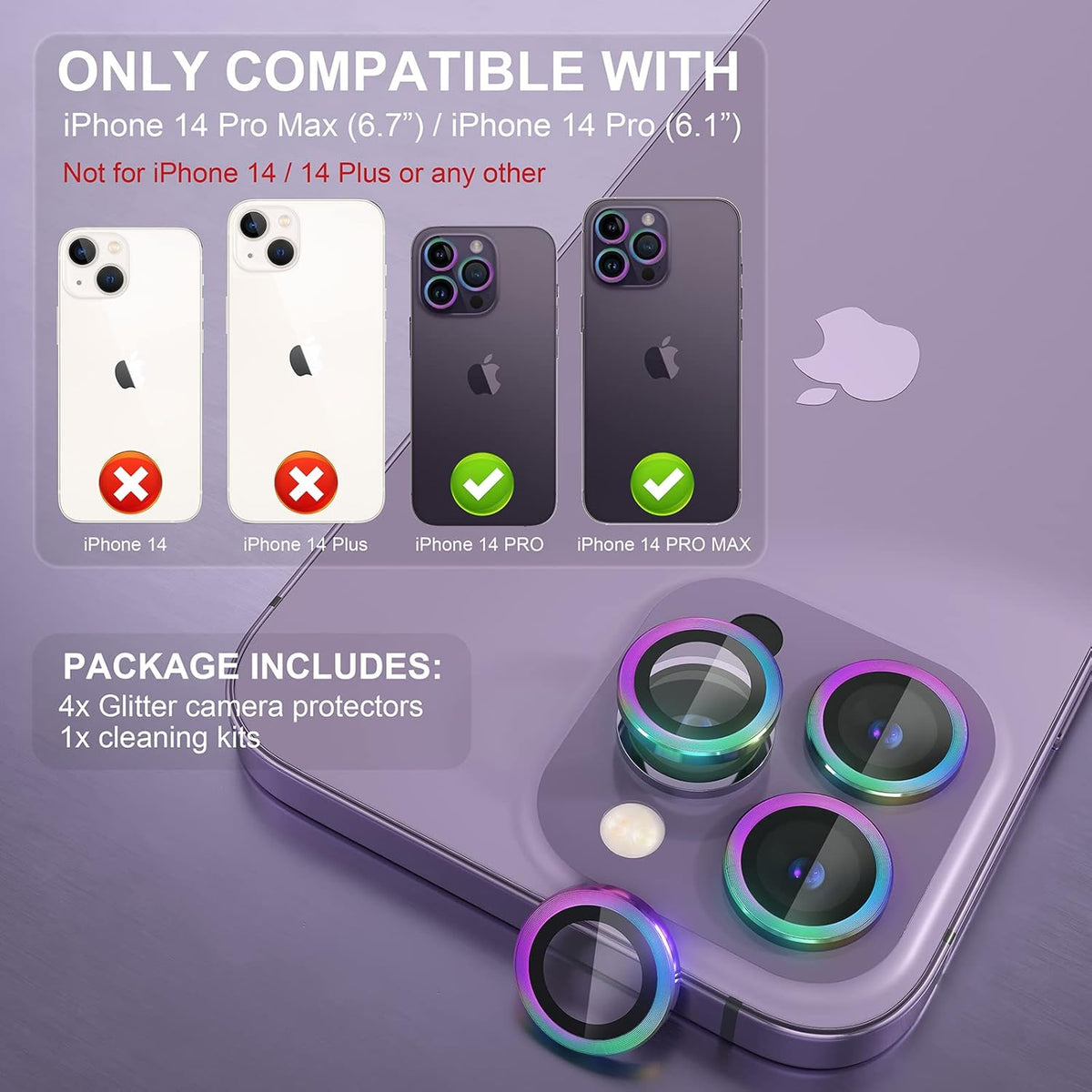 Choiche [3+1 for iPhone 14 Pro/iPhone 14 Pro Max Camera Lens Protector, 9H Tempered Glass Camera Cover Screen Protector Metal Ring Decoration Accessories (Colorful)