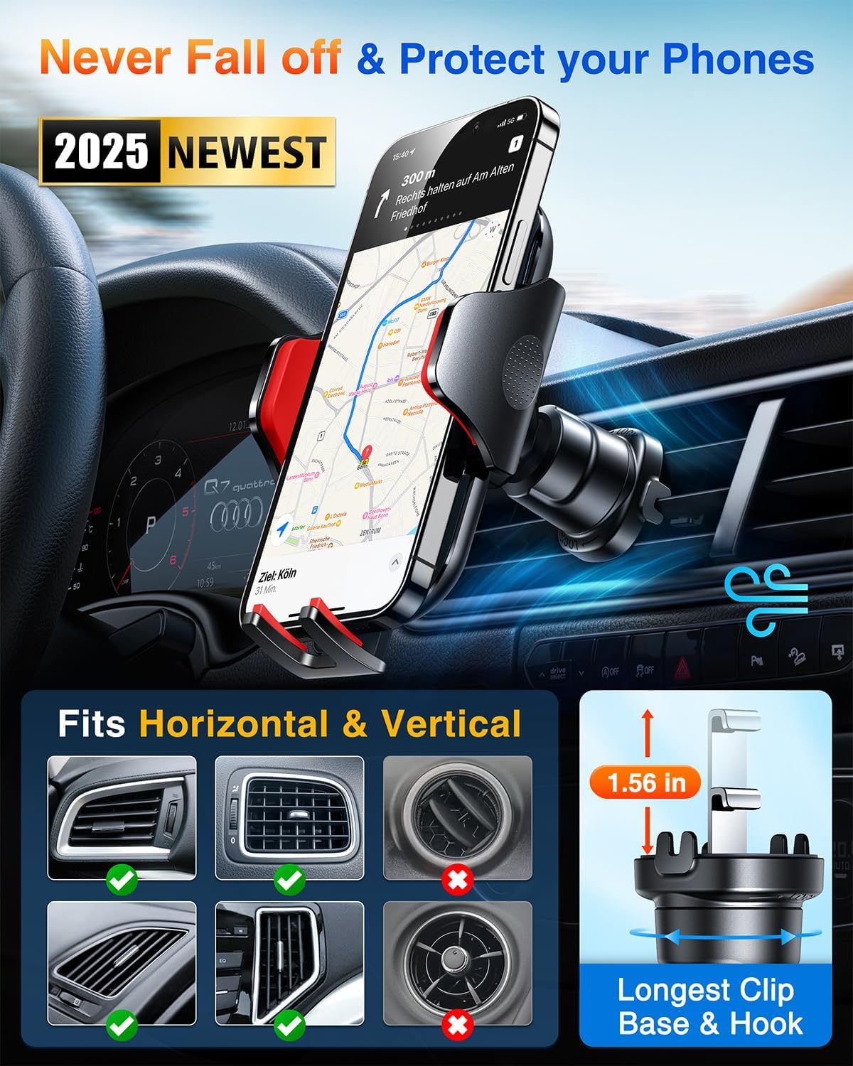 VANMASS Car Phone Holder Mount 2025 Upgraded [Patent Steel-Hook] Car Vent Phone Mount Clip Military-Grade Shockproof Cell Phone Car Mount Handsfree Truck Stand Vent Cradle for iPhone 16 Android,Red