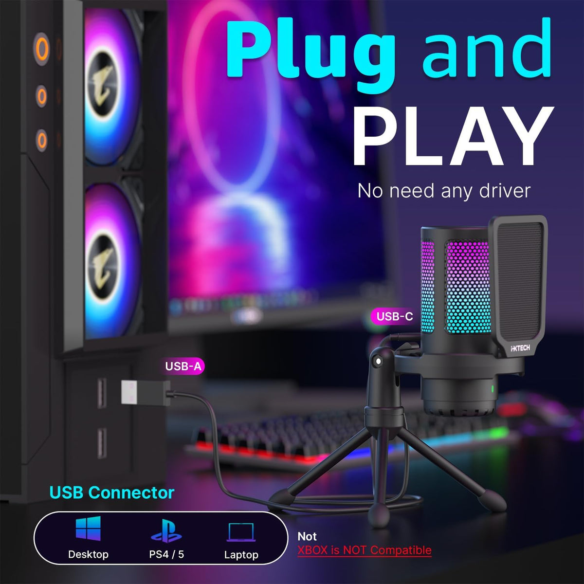 IXTECH USB Gaming Microphone for PC, RGB Condenser Microphone with Tripod Stand, Pop Filter, Rotate Gain Button, and Quick Mute, Noise Cancellation Computer Mic for Streaming, Gaming, Podcasting