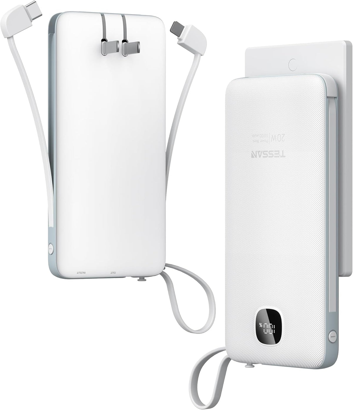 TESSAN Portable Charger with Built in Cables, 10000mAh Power Bank Fast Charging with Foldable Wall Plug Charger, 20W Compact Battery Pack Travel Essentials for iPhone 16/15 Series, Samsung, Tablets