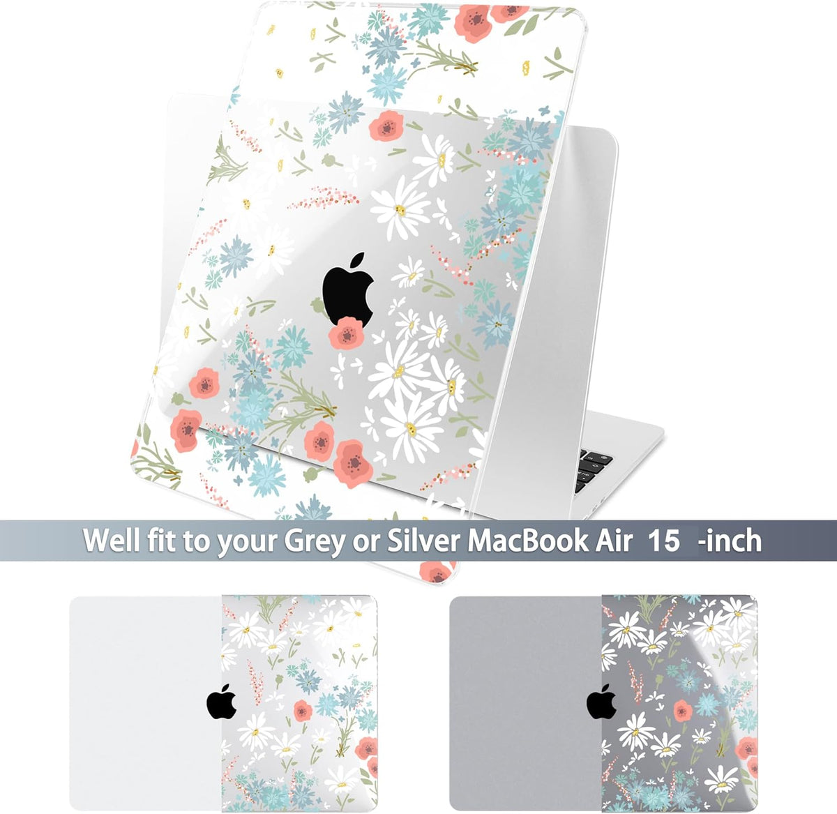 Batianda Premium Case for New MacBook Air 15 inch 2025 2024 2023 with M4 M3 M2 Chip, Floral Designed Protective Plastic Hardshell & Keyboard Cover & Screen Protector, Cute White Flower