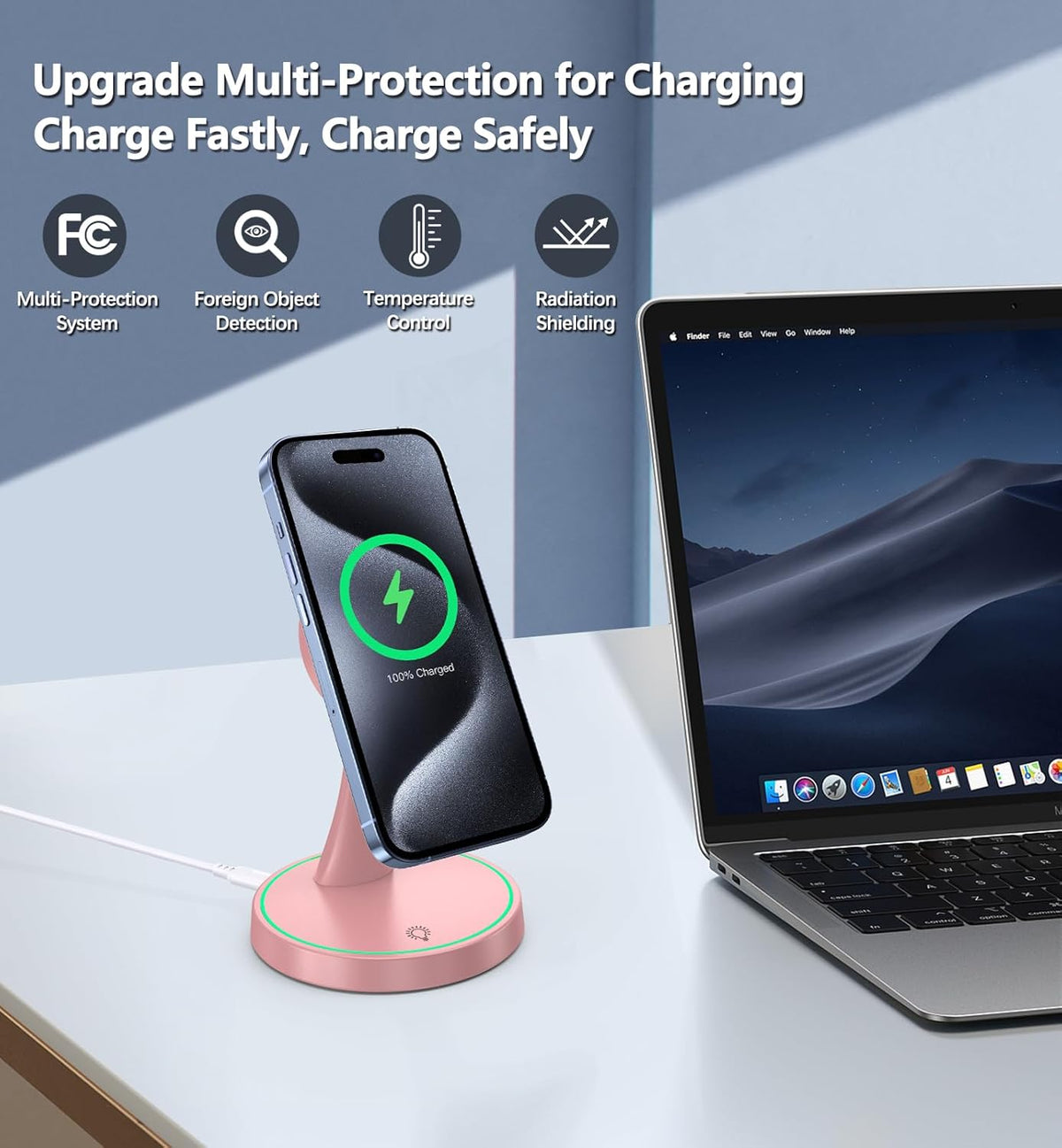Magnetic Wireless Charger Stand 15W Fast Mag-Safe Charger for iPhone 16/16 Pro/16 Plus/16 Pro Max/15/14/13/12 Series Magnet Wireless Charging Station/Pad with Sleep-Friendly Light for AirPods