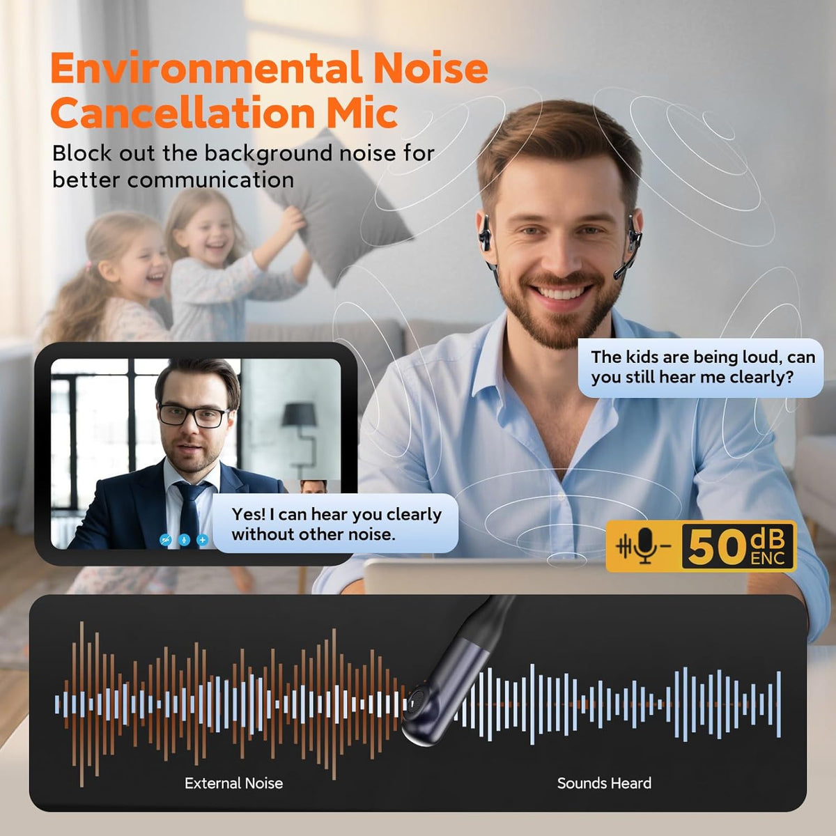 Pilot P200b Pro Wireless Headset with Mic for Work,50dB AI Noise Cancelling Microphone Headphones for Call,Bluetooth 5.3 Open Ear Computer Headset with Microphone & USB-C for Office,Meetings,WFH