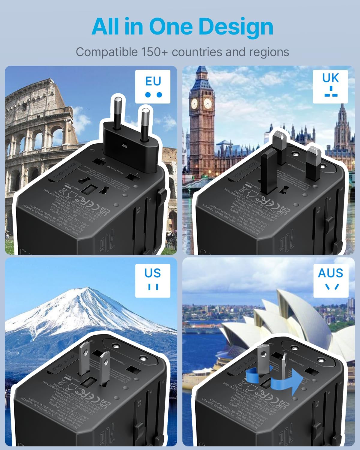 Universal Travel Adapter, VINTAR 70W GaN International Power Adapter with 5 USB Ports (3 USB-C), All-in-one Travel Essentials Plug Adaptor, Travel Adapter Worldwide for UK/EU/USA/AUS, Black