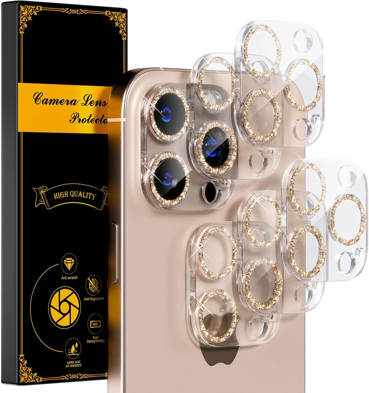 beuxece for 6 Pack iPhone 15 Pro/iPhone 15 Pro Max Camera Lens Protector [Drop Protection] [Case Friendly] [Easy Installation] 9H Tempered Glass Camera Screen Protector Cover, Glitter Gold