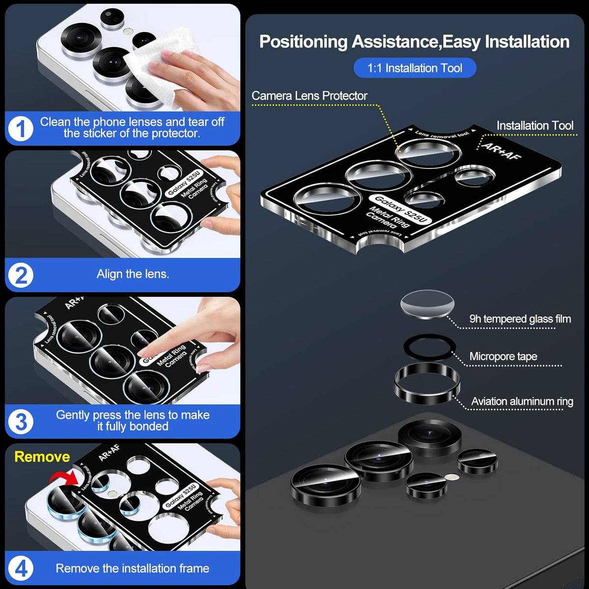 for Samsung Galaxy S25 Ultra Camera Lens Protector, Individual Metal Ring Tempered Glass Lens Cover, [Strong Adsorption] Scratch Resistant Ultra-Thin HD Clear Lens Cover, 1 Set-Black Ring