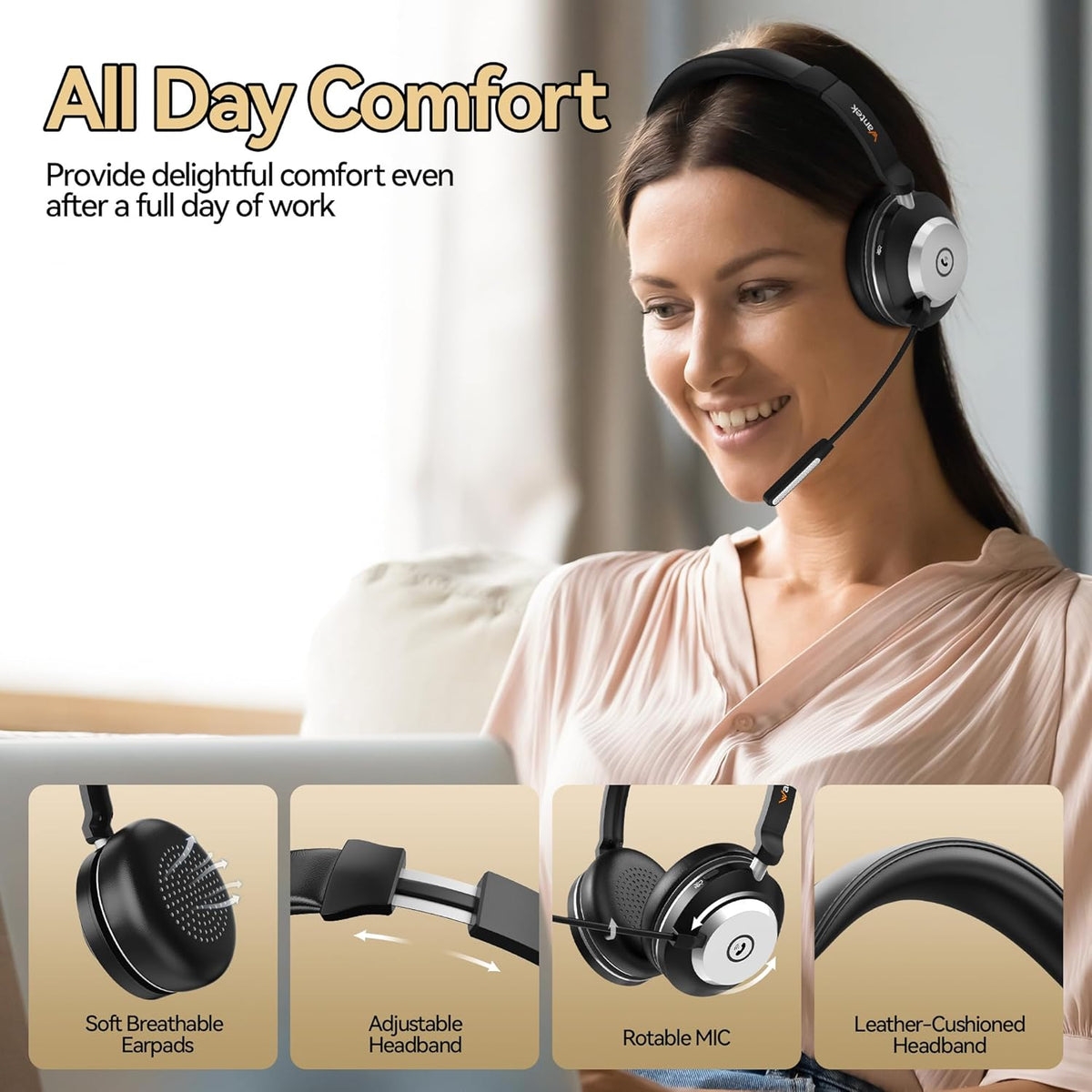 Wireless Headset with Mic for Work,Bluetooth Headphone with Noise Cancelling Microphone,2.4G USB Dongle & Mic Mute for Laptop/Computer/Cell Phones/Office/Remote Work/Call Center/Zoom/Teams/Skype