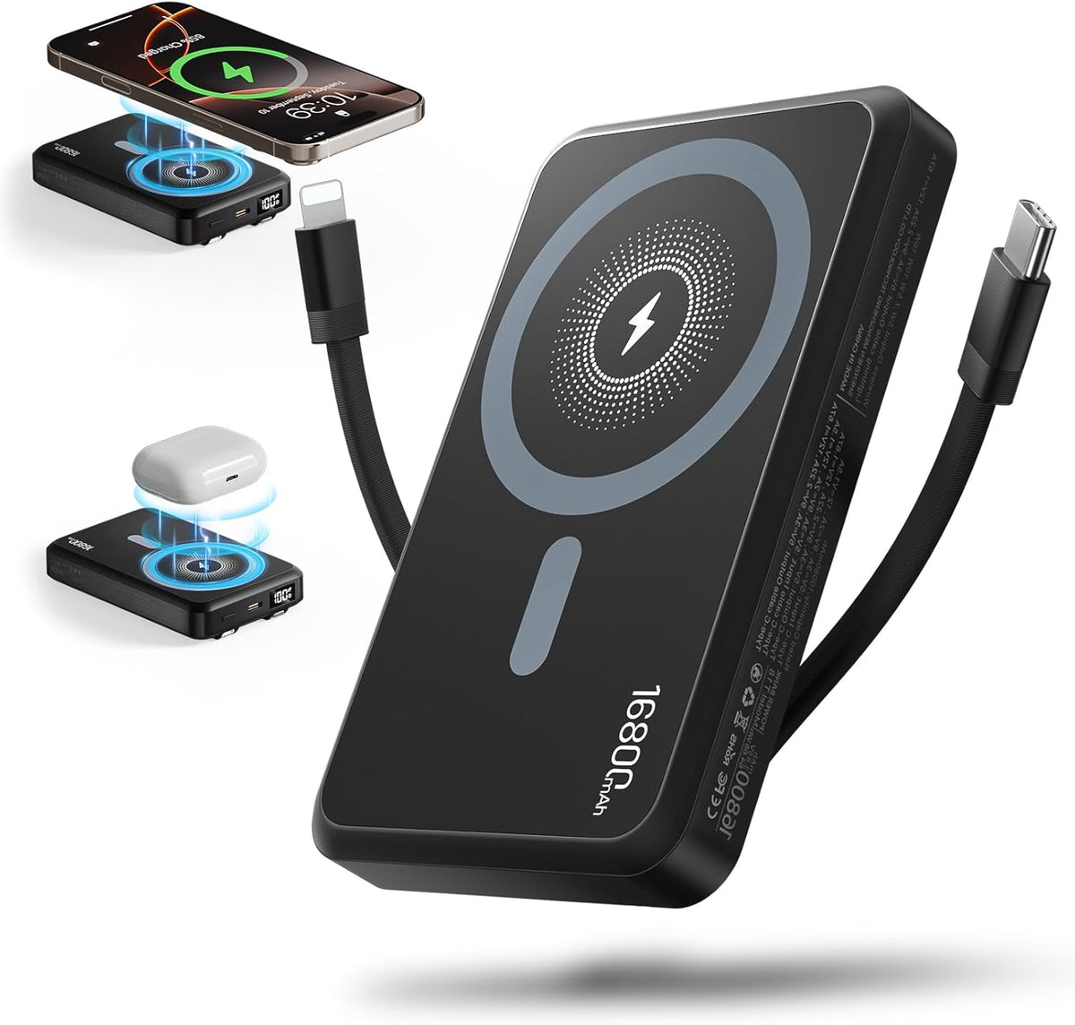 2025 Latest Magnetic Wireless Power Bank, 16800mAh Portable Charger with 2 Built in Cables, LED Display Magnetic Battery Pack Travel Essentials for iPhone 16/15/14/13/12/Pro/Mini/Pro Max Andriod