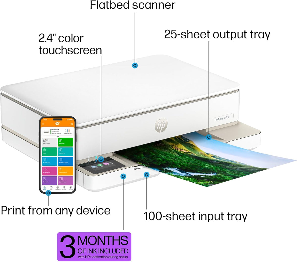 HP Envy 6155e Wireless All-in-One Color Inkjet Printer, Print, scan, Copy, Duplex Printing Best-for-Home, 3 month Instant Ink trial included (714L5A)