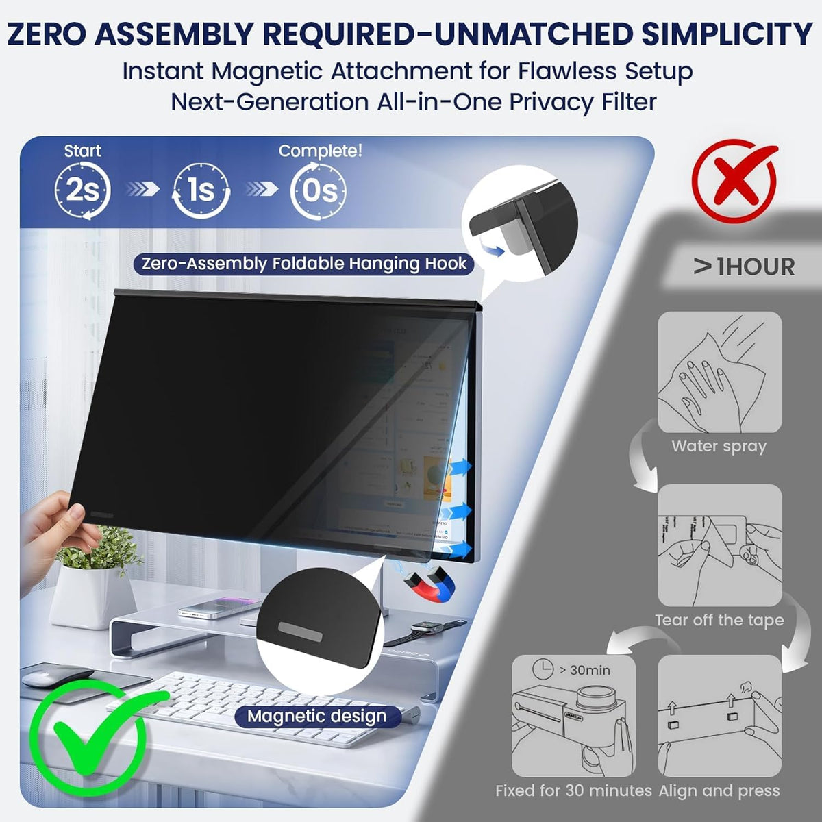 Magnetic 22 Inch Privacy Screen for Frameless Computer Monitor 16:10 Aspect Ratio,Hanging Blue Light Screen Protector Eye Protection Anti-Spy Shield, 22in Removable Privacy Filter