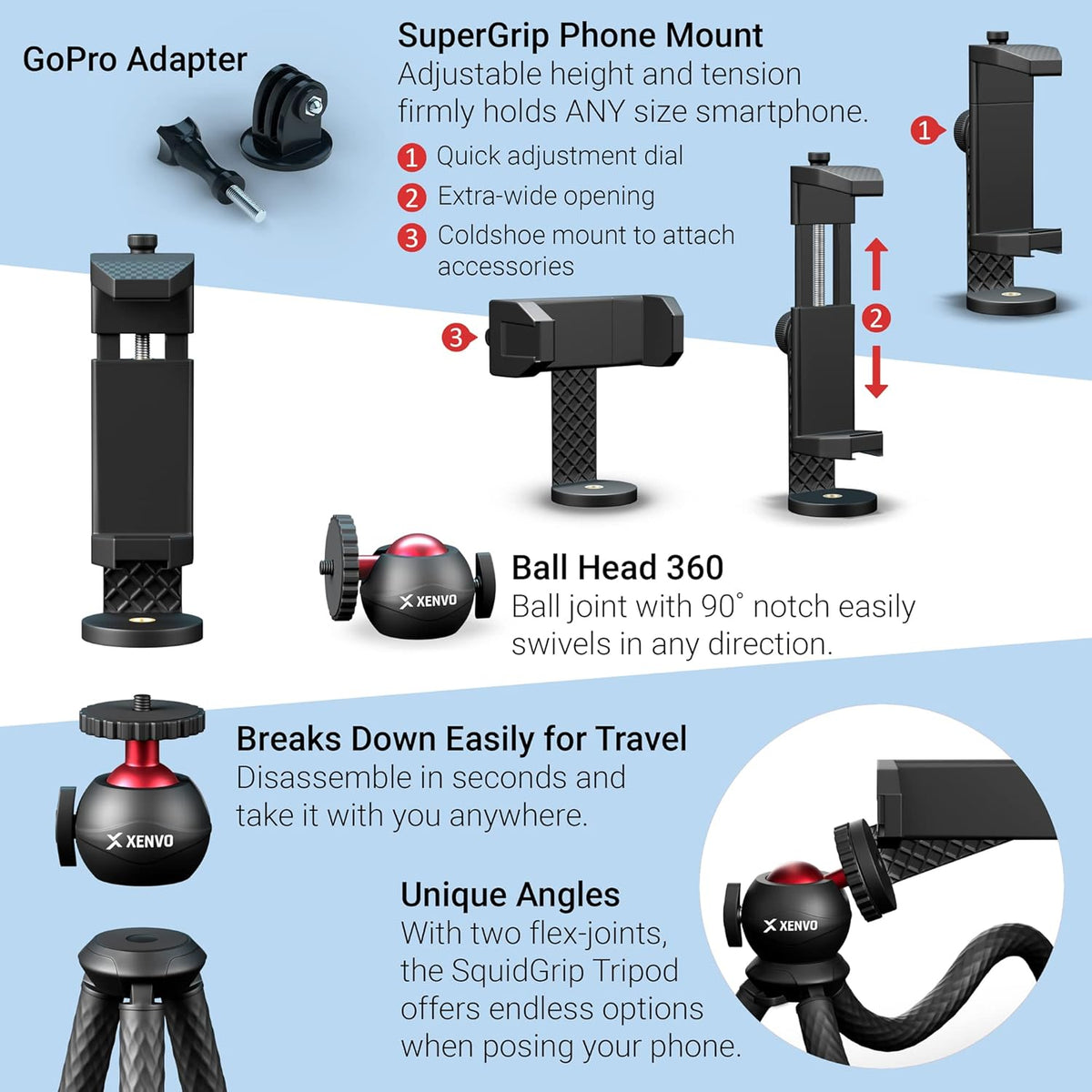SquidGrip Flexible Cell Phone Tripod and Portable Action Camera Holder - Compatible with iPhone, GoPro, Android, Samsung, Google Pixel and All Mobile Phones Red