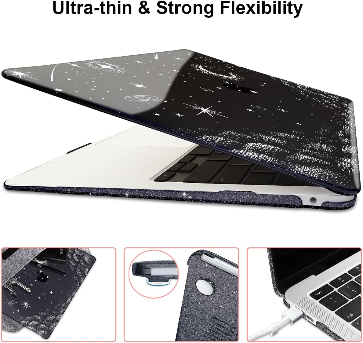 for MacBook Air 13 inch Case 2021 2020 2019 2018 Release M1 A2337 A2179 A1932, Glitter Crystal Black Pritned Pattern Plastic Hard Case Cover for Mac Air 13.3" M1 Touch ID, Stars & Moon