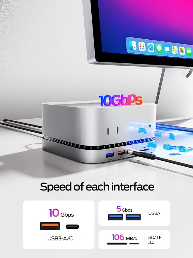 MOVE SPEED mini M4 Dock Enclosure 10 in 1 Aluminum Stand Hub 10Gbps USB-C/A 4K60Hz HDMI SD/TF Reader Space-Saving Vertical Design