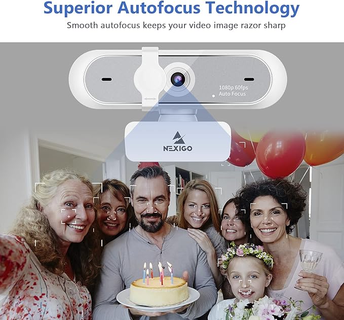 NexiGo N660P 1080P 60FPS Webcam with Software Control Dual Microphone &amp Cover Autofocus HD USB Computer Web Camera for OBS/Zoom/Skype/FaceTime/Teams/Twitch White