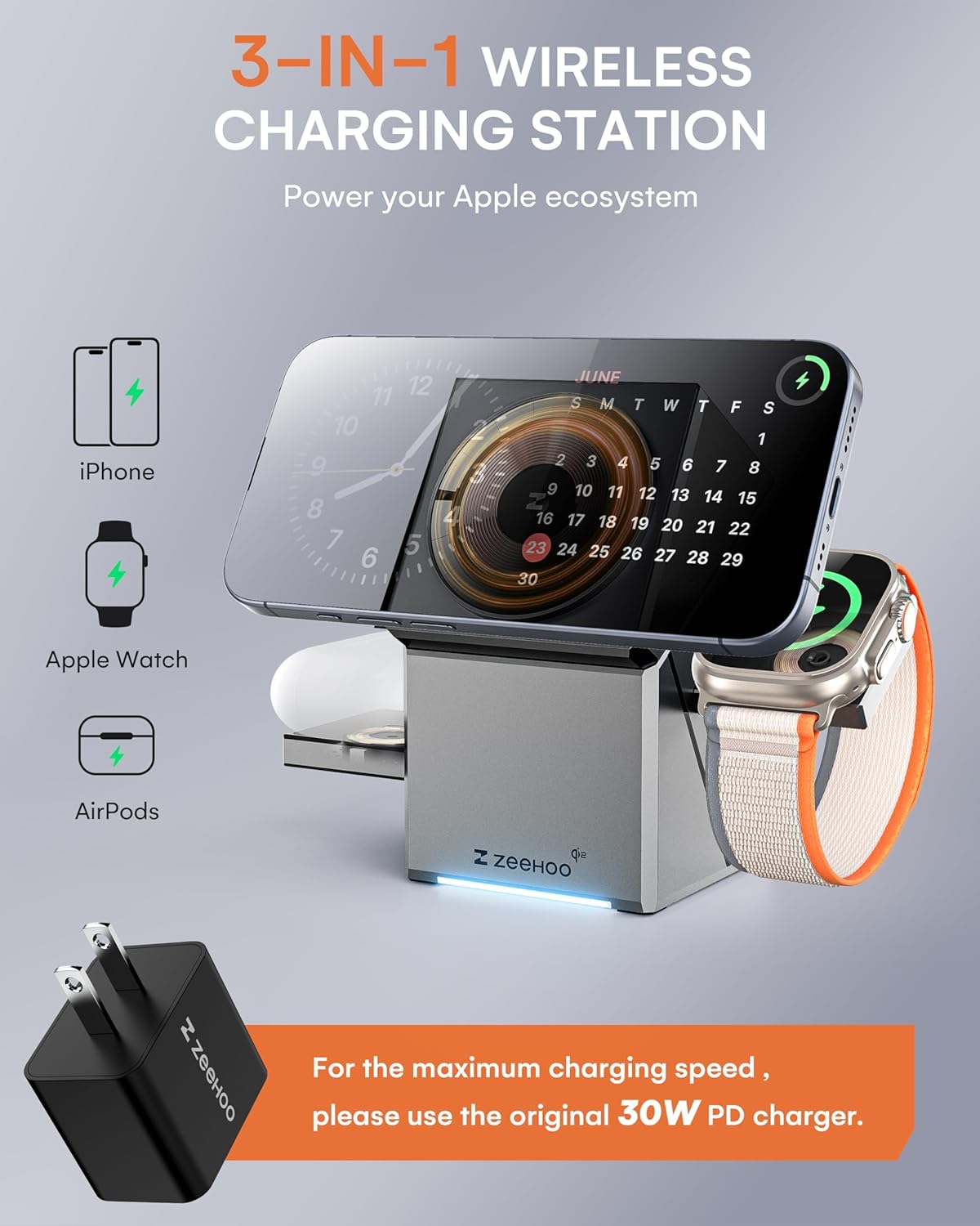 ZEEHOO 3 in 1 Charging Station for Apple, iPhone Mag-Safe Charger, Qi2 Certified, Rotating Wireless Charger Stand for iPhone 16,15,14,13,12 Series, Apple Watch, AirPods (USB-C Charger Included)