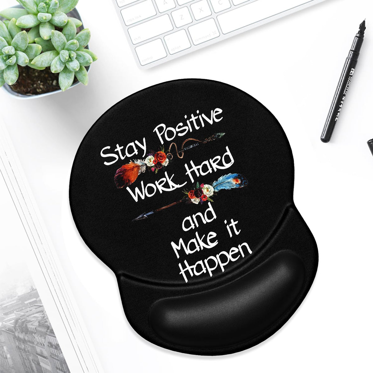 ITNRSIIET Ergonomic Mouse Pad with Gel Wrist Support Small Wrist Rest Smooth Surface Non-Slip PU Base Comfortable Office Supplies Pain Relief, 8.7 x 7.2 inches, Inspirational Quote Black