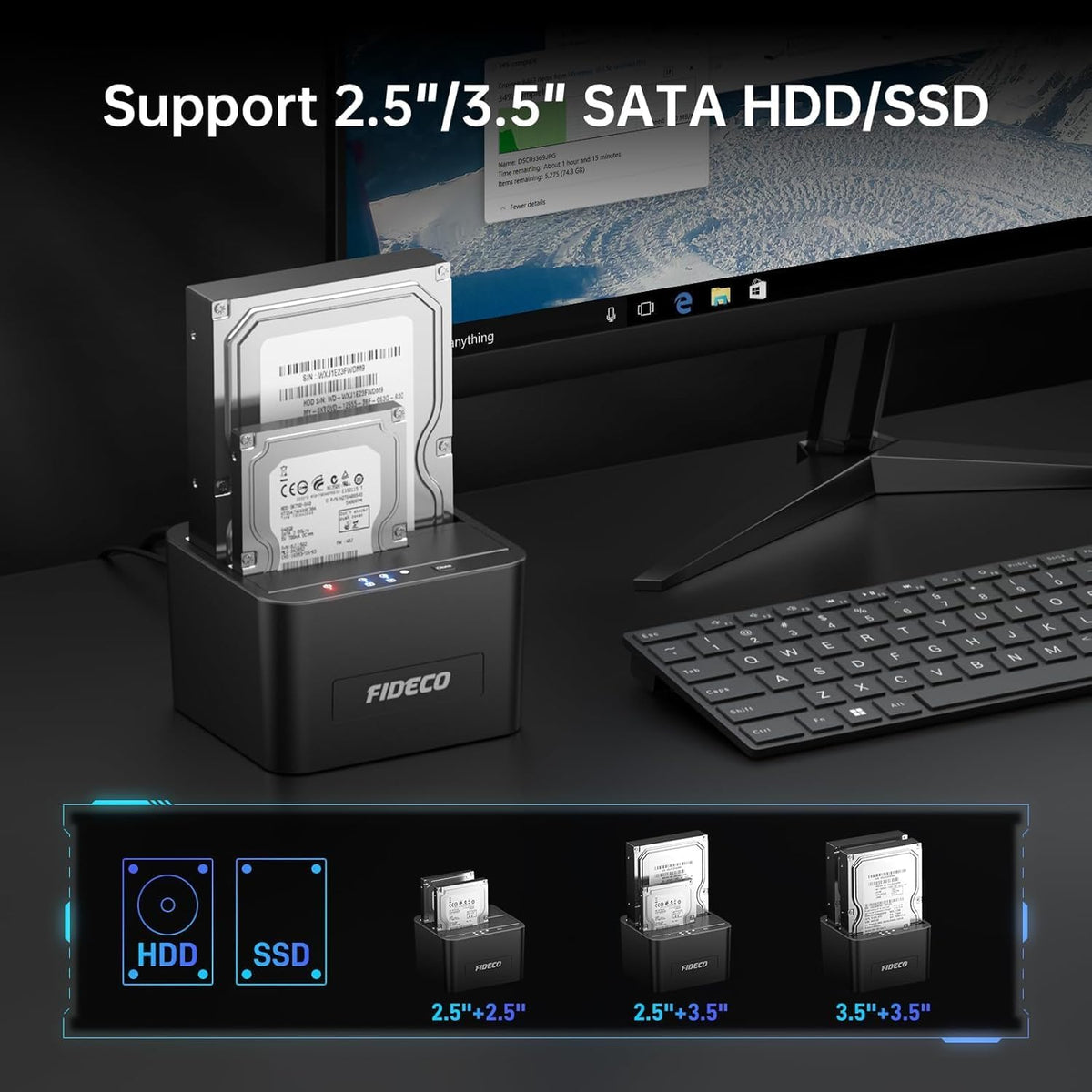 FIDECO 2.5 3.5 inch 3.0 External Hard Drive Docking Station, Hard Drive Dock for and SATA HDD SSD, HDD Docking Station