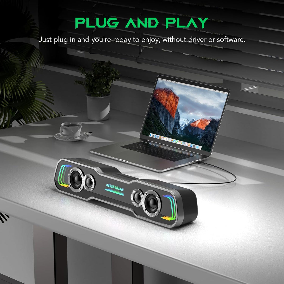 Black Shark BS-SP1 Bluetooth Computer Speakers for Desktop, 5 Colorful Lights Gaming PC Speaker with Stereo Sound, USB C/USB Powered Sound-bar for Computer Desktop PC Monitor Laptop
