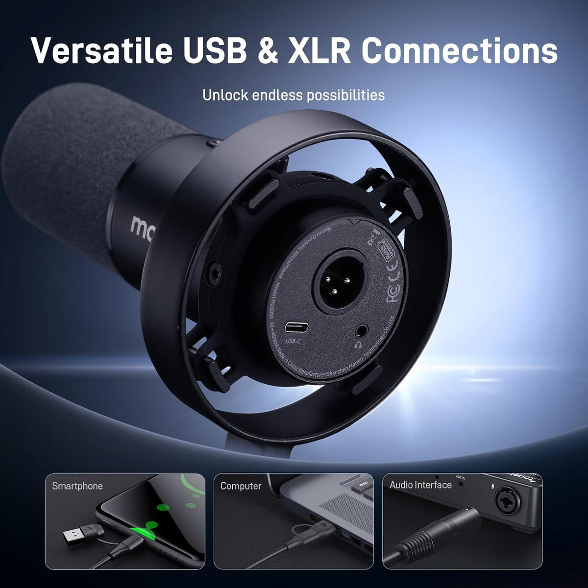 MAONO USB XLR Dynamic Microphone for Podcast: PC Computer Gaming Mic with 192kHz/24bit for Studio Recording Streaming Content Creation PD300XT