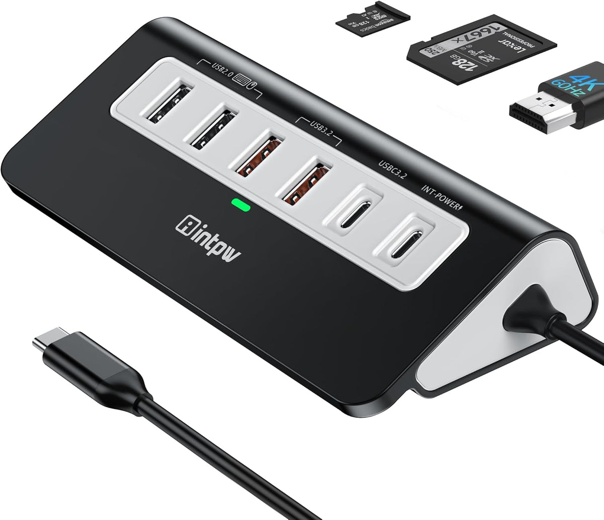 USB C Hub 10Gbps, 9-in-1 USB C Docking station with 4K@60Hz HDMI, Type-C & 2 Type-A 3.2, 2 USB-A 2.0, PD 100W, SD/TF Port, Black Aluminum USB Hub for Laptop, iPhone 16/15 Series, MacBook Air/Pro