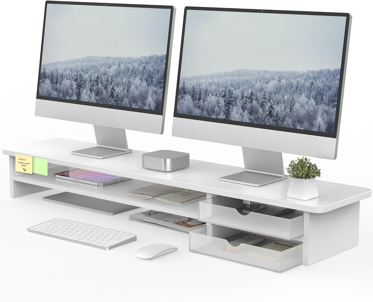 Fenge Monitor Stand, Dual Monitor Riser, 42.5inch Large Desk Computer Monitor Stand Riser with Drawer, 2 Tier Wood & Acrylic Desktop Organizer for Computer, Laptop, Printer, TV Screen Riser