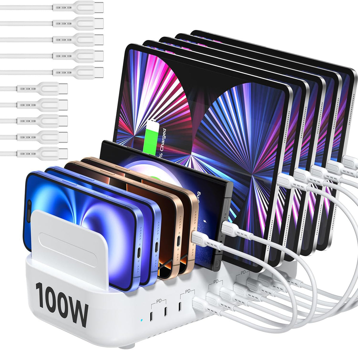 SooPii USB Charging Station,100W Fast Charging Station for Multiple Devices with 10pcs USB C Cables,10-Port Type C Phone Charger Station Organizer Compatible with lPad,Tablet,Kindle and More(White)