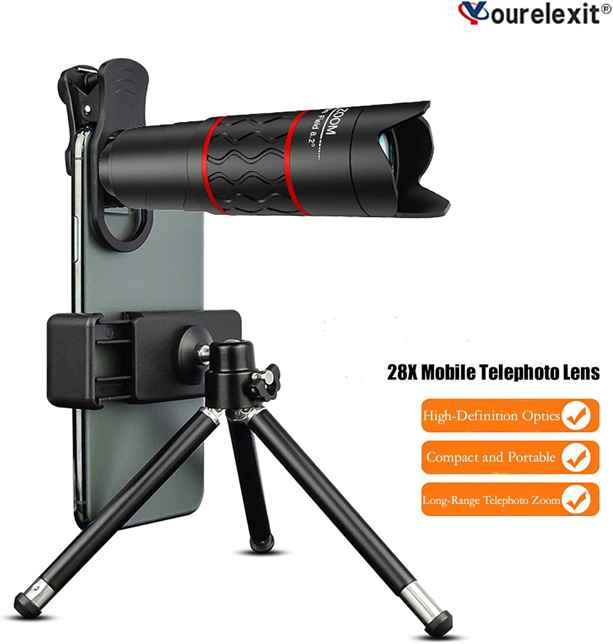 28X Telephoto Lens with Tripod for iPhone Android Phones, 2-in-1 Mobile Phone Camera Lens Kit with Universal Clip, HD Magnifier for Smartphone Photography - Compatible with All Smartphones