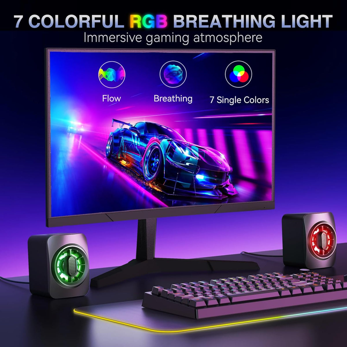 Computer Speakers,RGB PC Speakers, USB Powered 3.5mm Aux Speaker for Desktop, PC, Laptop, Tablet - Small Computer Speakers | Clear Sound & 7-Color Dynamic Lighting