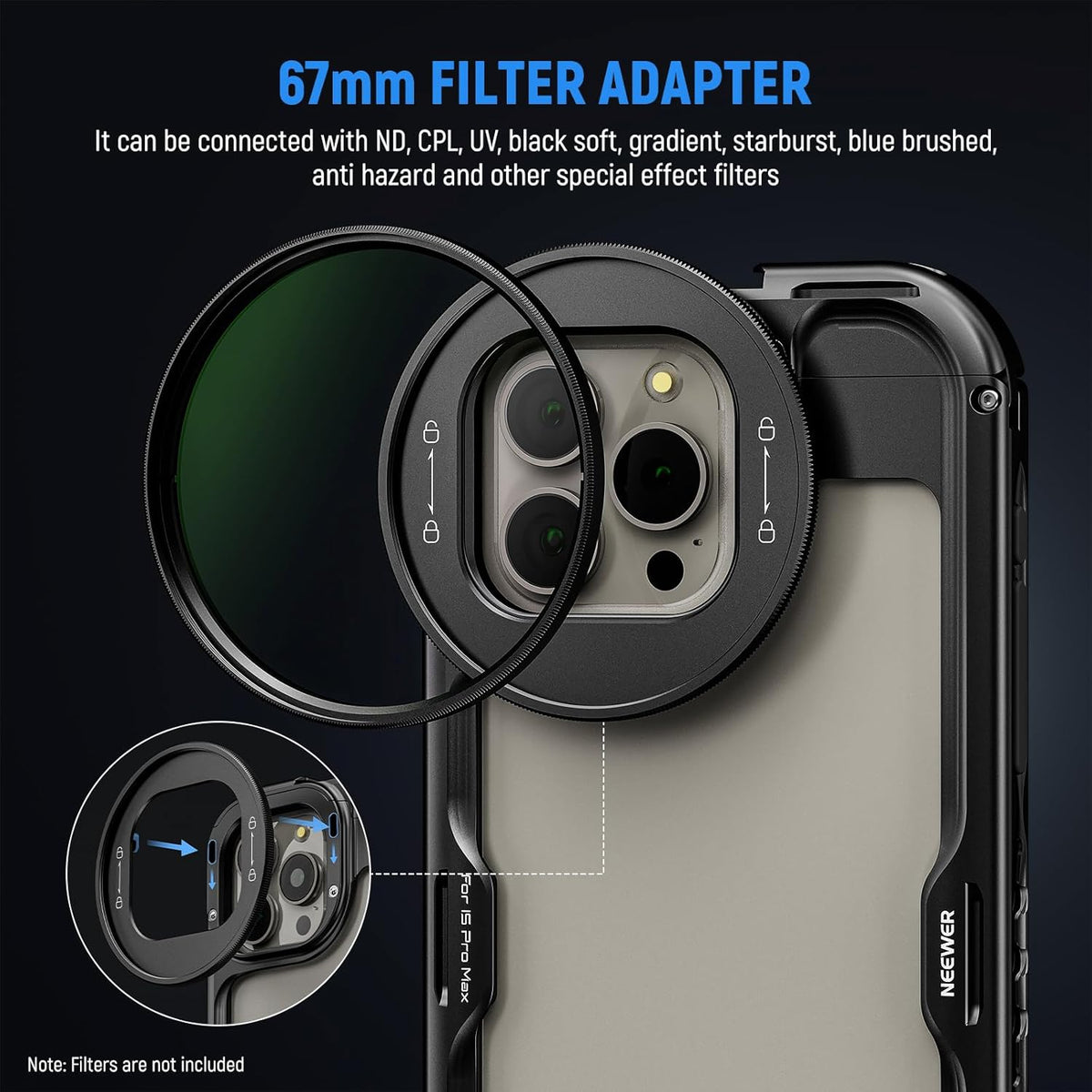 NEEWER 15 Pro Cage [2nd Gen], Video Rig Phone Stabilizer with Quick Release Side Handle, 67mm Filter Adapter, 17mm Lens Backplate, T Mount Lens Adapter Compatible with Moment, PA043+PA045B