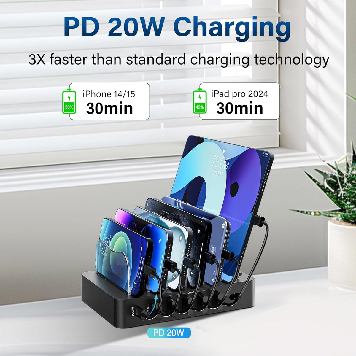 Charging Station for Multiple Devices: 68W 6 Port 20W Fast Phone Charger Dock with 6 Cables, Compatible with Apple Cellphone iPad iPhone Tablet and Other Electronic (Black)