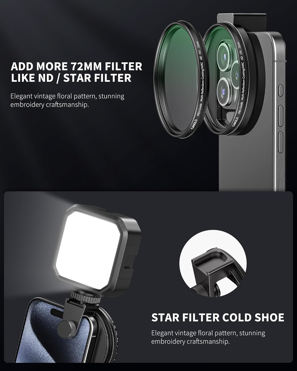 CPL Filter for Phone, 72mm Camera Polarized Lens Polarizing Filter with Metal Cold Shoe Phone Clip Compatible with iPhone 15 14 13 12 11 X XS Plus PRO Max Samsung Galaxy Motorola Pixel