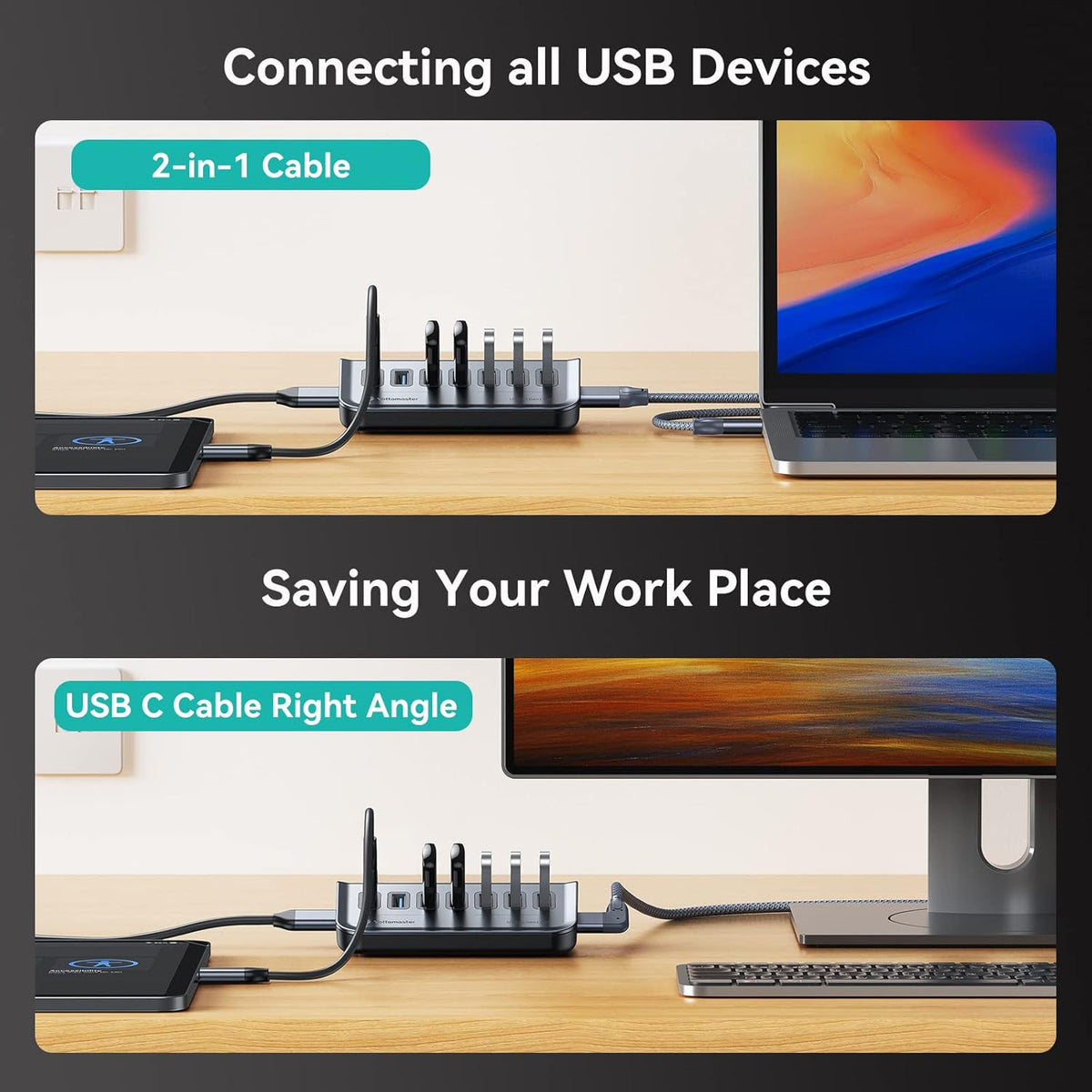 Yottamaster 7 Port USB 3.0 Hub, Data USB Hub Splitter with 1.6ft Cable Compatible with MacBook, Mac Pro, Mac mini, iMac, Laptop, PC, USB Flash Drives, Mobile HDD, Printer (1.6ft)