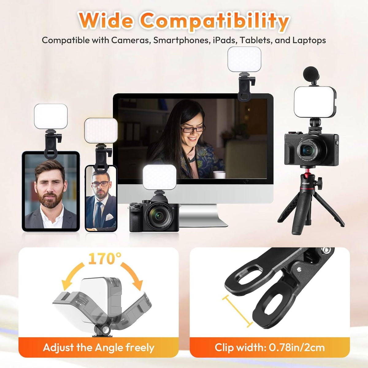 Ulanzi VL100X Selfie Light, Clip LED Light Panel for Phone/Laptop/Tablet/Computer, Bi-Color Portable Clip Camera Light with Dimmable 2500-6500K with 2000mAh Battery for Video Conference/Picture