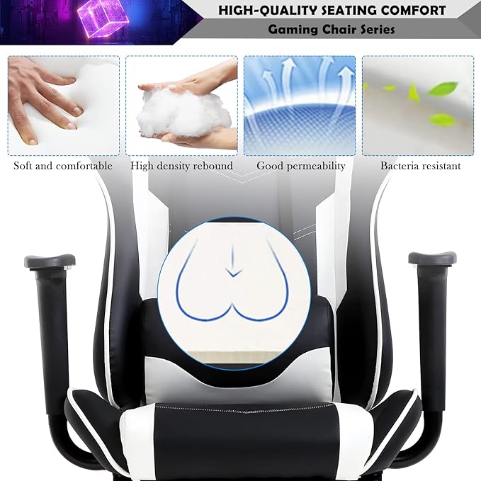 Video Game Chair Ergonomic PC Gaming Chair PU Leather Computer Game Chair with Headrest and Footrest Adjustable Armrest High Back Lumbar Support Racing Swivel Chair for Adults Kids White
