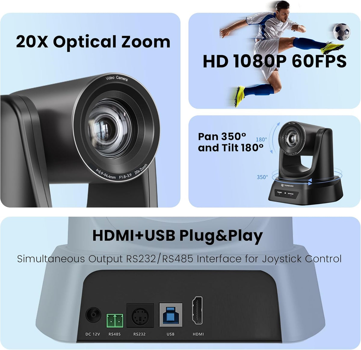 HDMI 20X Optical Zoom PTZ Conference Room Camera System, 1080P 60fps USB3.0 Computer Camera with Microphone & Bluetooth Speakerphone, Easy Setup for Church & Meetings