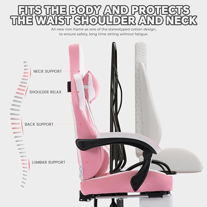 360° Swivel Gaming Chair for Adults with Retractable Footrest Ergonomic Video Game Chair with Headrest and Lumbar Support Height Adjustable Computer Chairs for Office or Gaming Pink