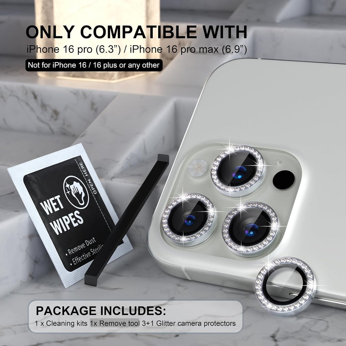 Choiche Compatible for iPhone 16 Pro/iPhone 16 Pro Max Camera Lens Protector Bling, 9H Tempered Glass Camera Cover Screen Protector Metal Ring Decoration Accessories (Diamond-Silver)