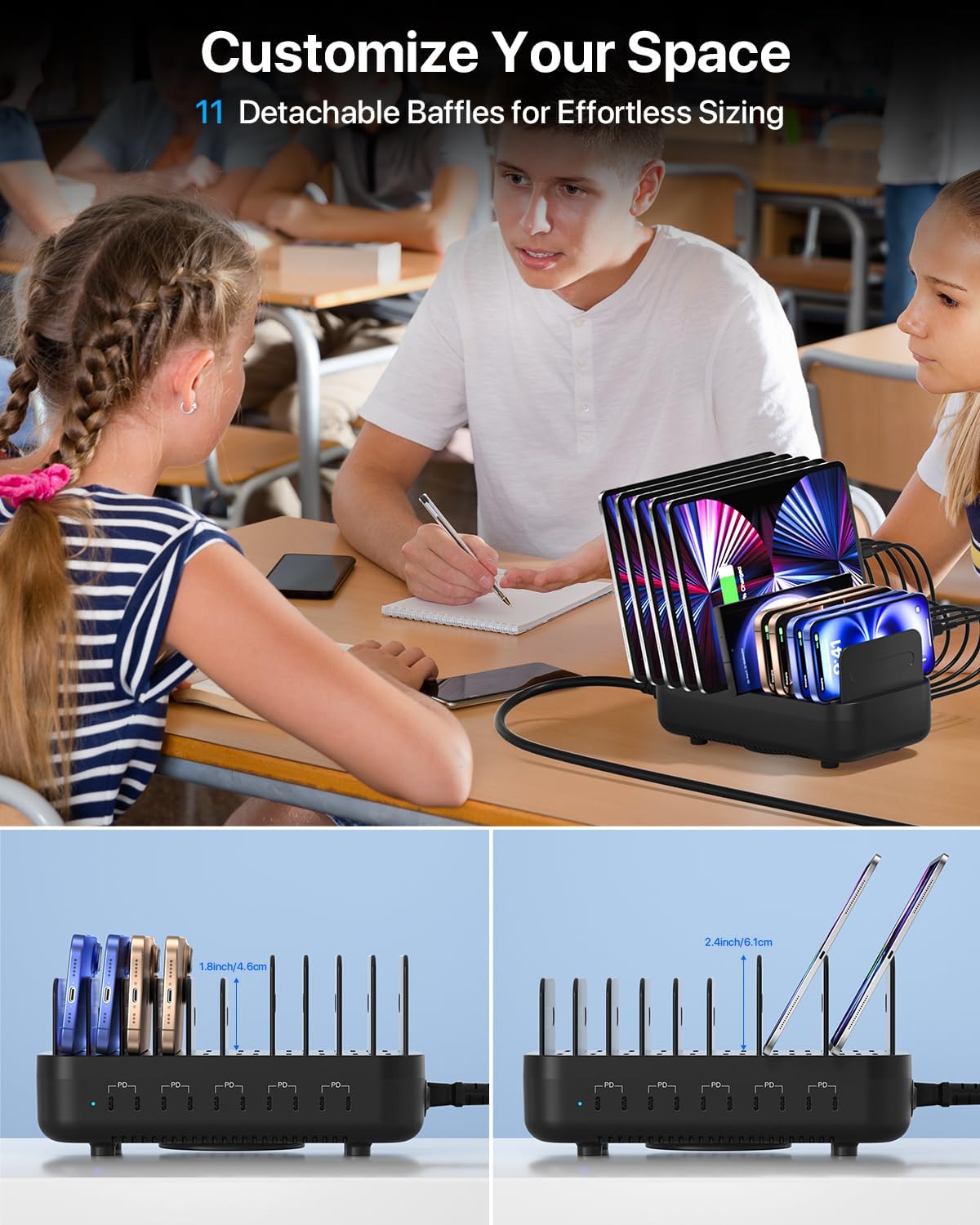 SooPii USB Charging Station,100W Fast Charging Station for Multiple Devices with 10pcs USB C Cables, 10-Port Type C Phone Charger Station Organizer Compatible with lPad,Tablet,Kindle and More(Black)