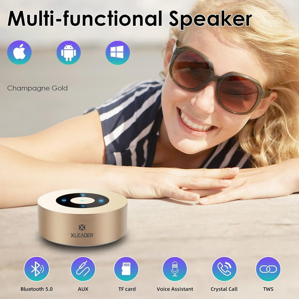 XLeader Small Bluetooth Speaker (Gift Box Packed) Portable Speakers Bluetooth Wireless with Micro SD,Mic, Aux input, Touch Design, Deep Bass, 12H Playtime, Little speaker for Phone Laptop PC Car, Gold