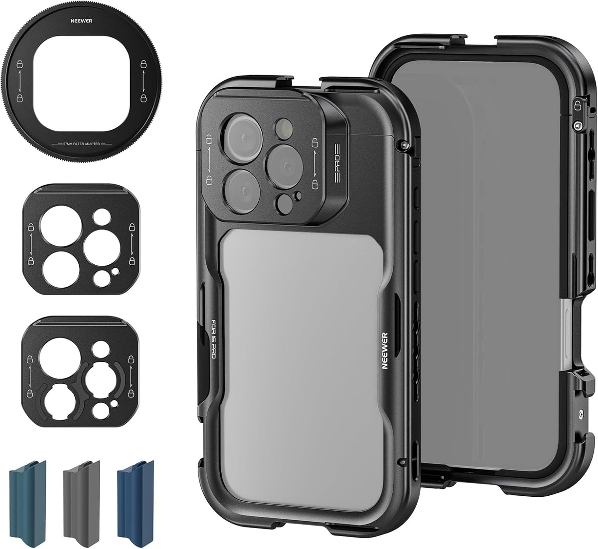 NEEWER 16 Pro Cage, Quick Release Video Rig Phone Stabilizer Compatible with iPhone 16 Pro with Adapters of 67mm Filter, 17mm Lens & T Mount Lens, Full Camera Control Access, PA073