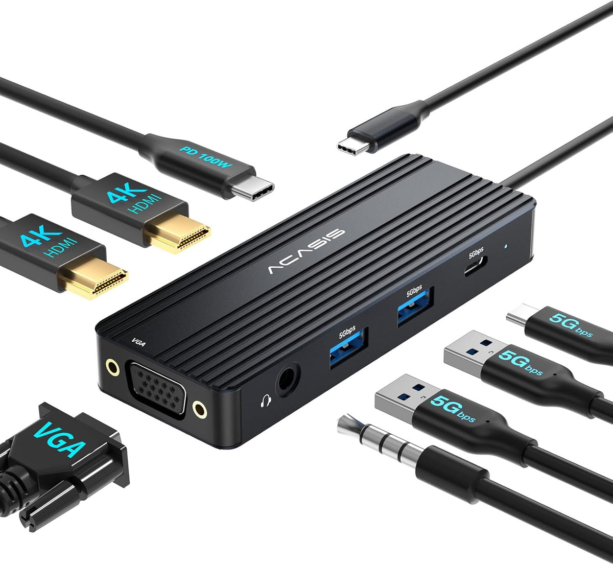 ACASIS USB C Docking Station Dual Monitors,8-in-1 Laptop Docking Station with Dual HDMI +VGA +3 * 5G USB-A/C+3.5MM Audio+PD100W, USB C HUB multiport Adapter for Dell/HP/Lenovo ThinkPad（Black）