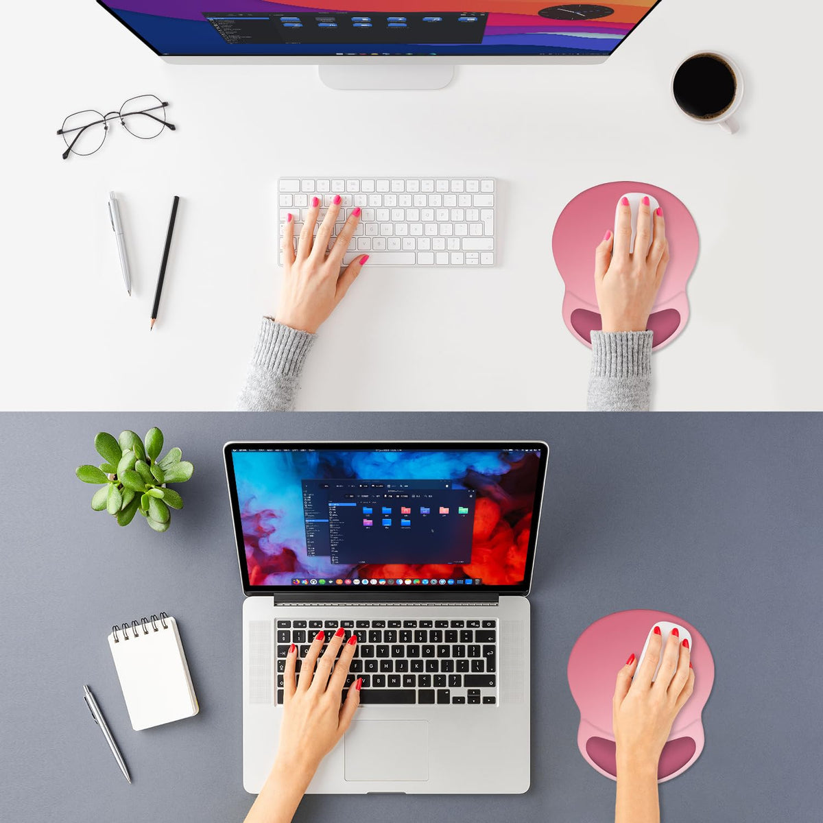 ITNRSIIET Ergonomic Mouse Pad with Comfort Gel Wrist Rest, Non-Slip PU Base, Smooth Textured Surface, Reduces Hand Fatigue & Wrist Pain, 8.7 x 7.2 Inch for Office Gaming Home, Pink Ombre