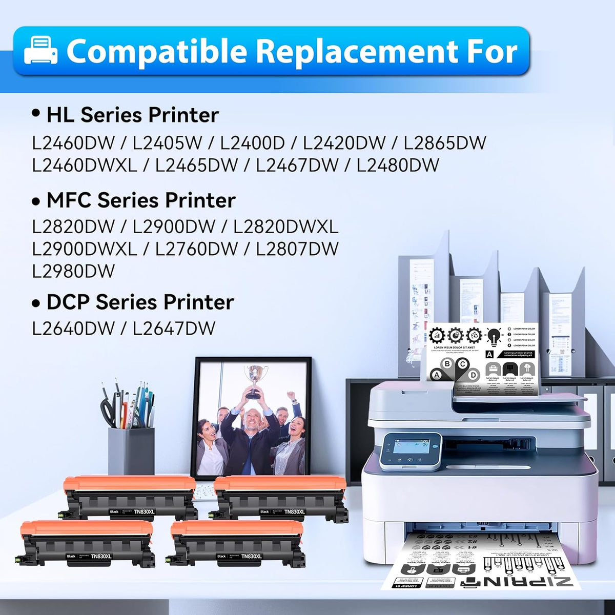 ZIPRINT TN830XL Toner 4 Pack(with chip) Compatible Replacement for Brother tn830 tn 830xl tn830/xl/v tn 830 Toner for HL-L2460DW HL-L2405W DCP-L2640DW MFC-L2820DW MFC-L2900DW HL-L2480DW Printer