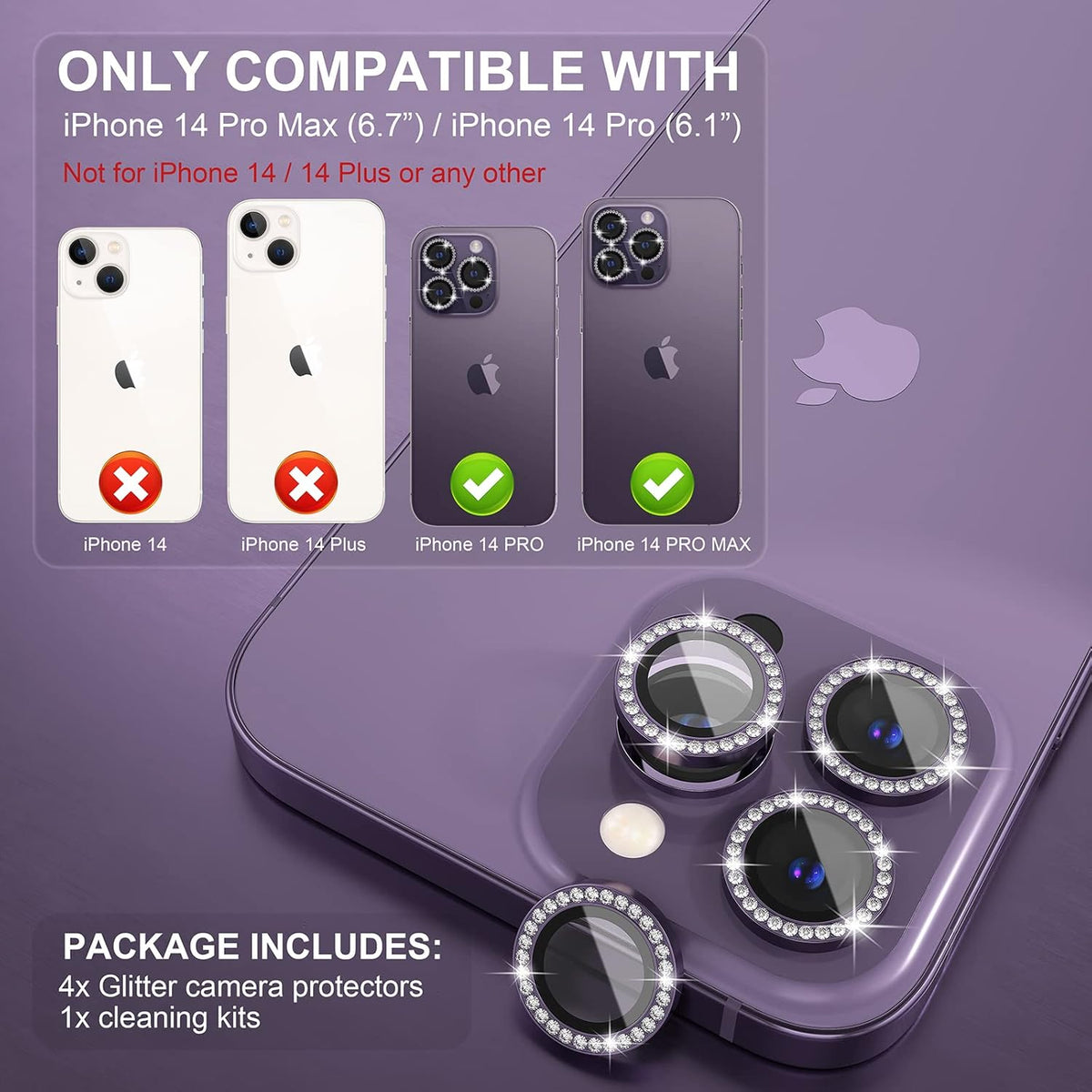 Choiche [3+1 for iPhone 14 Pro/iPhone 14 Pro Max Camera Lens Protector Bling, 9H Tempered Glass Camera Cover Screen Protector Metal Ring Decoration Accessories (Diamond-Purple)