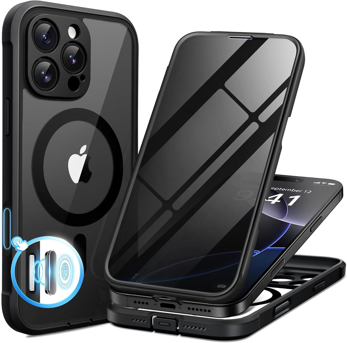 BERFY Magnetic for iPhone 16 Pro Max Case, Compatible with MagSafe, Built-in Privacy Screen Protector and Upgraded Camera Protection,Anti-Spy Full Body Shockproof Phone Case for 16 Pro Max 6.9", Black
