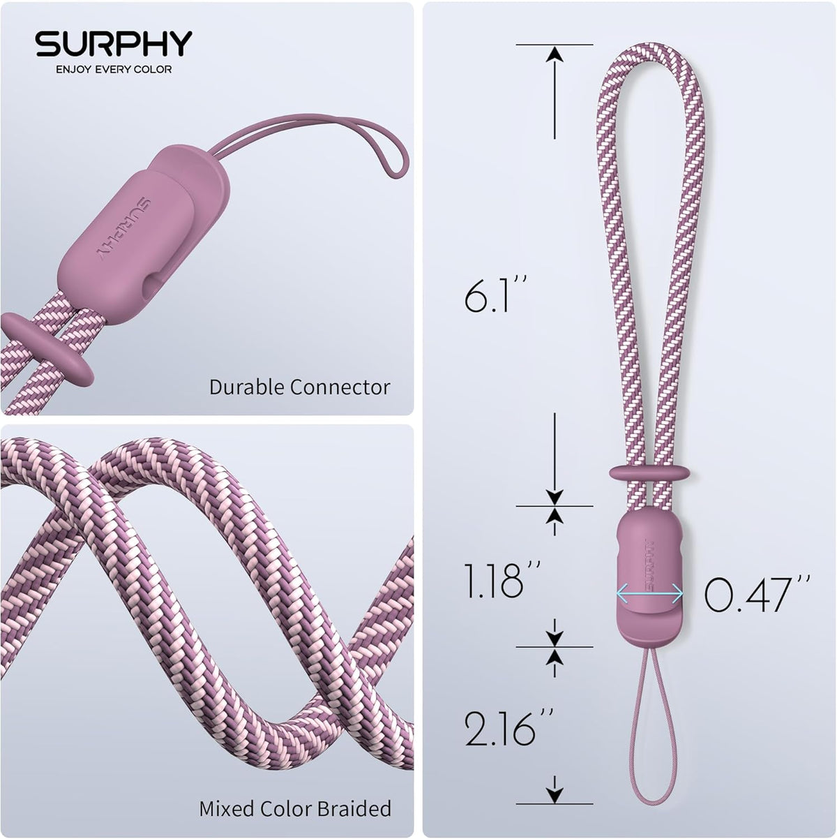 SURPHY 2 Pack Phone Lanyard for Cellphone Case, Phone Wrist Strap for Case, Cellphone Strap with 2-Color Braided, Charm Wrist Lanyard for Women and Men, Lilac Purple & Gray