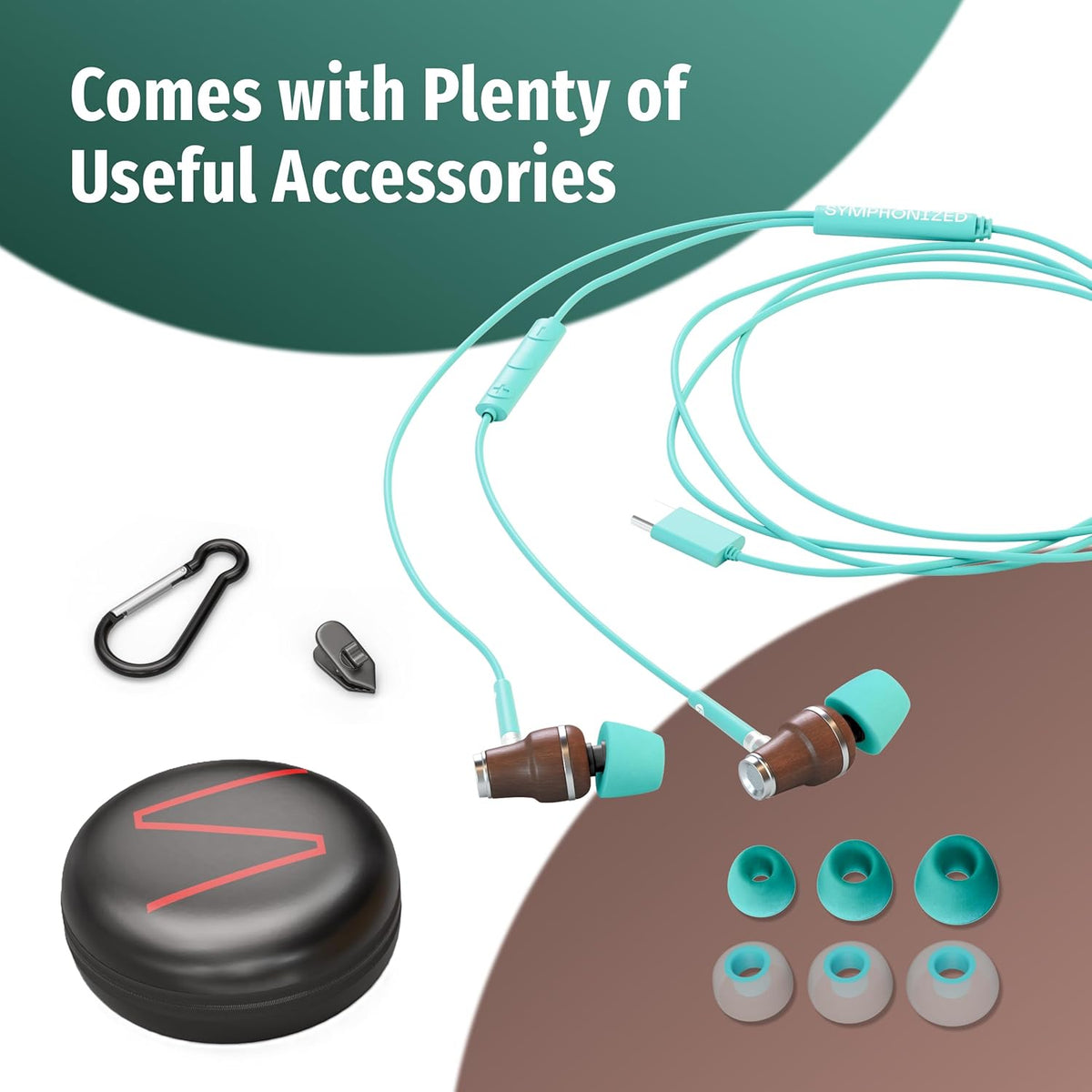 Symphonized Premium Wooden iPhone Earphones Wired (USB C) Deep Bass Sound, 3D Sound, Microphone Volume Control, 90% Noise Cancelling for Type C Devices. Earphones for iPhone 15 to 16 & Android