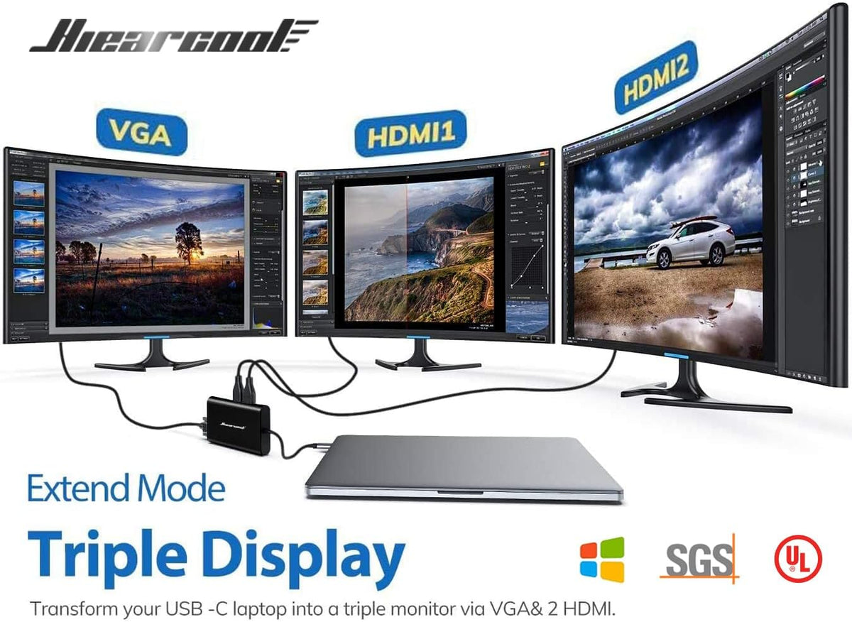 Hiearcool USB C Laptop Docking Station, 11-in-1 Type C Hub Multiport Adapter Dongle, USB C Dock with Dual HDMI VGA 100W PD Charging Gigabit Ethernet for Dell HP Lenovo Windows Laptops